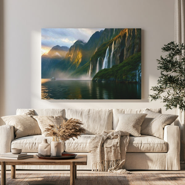 Milford Sound, New Zealand | Fjord Waterfalls at Sunset | Original Series Gallery Canvas