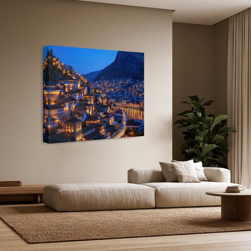 Berat, Albania | Berat Old Town Hillside at Night | Original Series Gallery Canvas