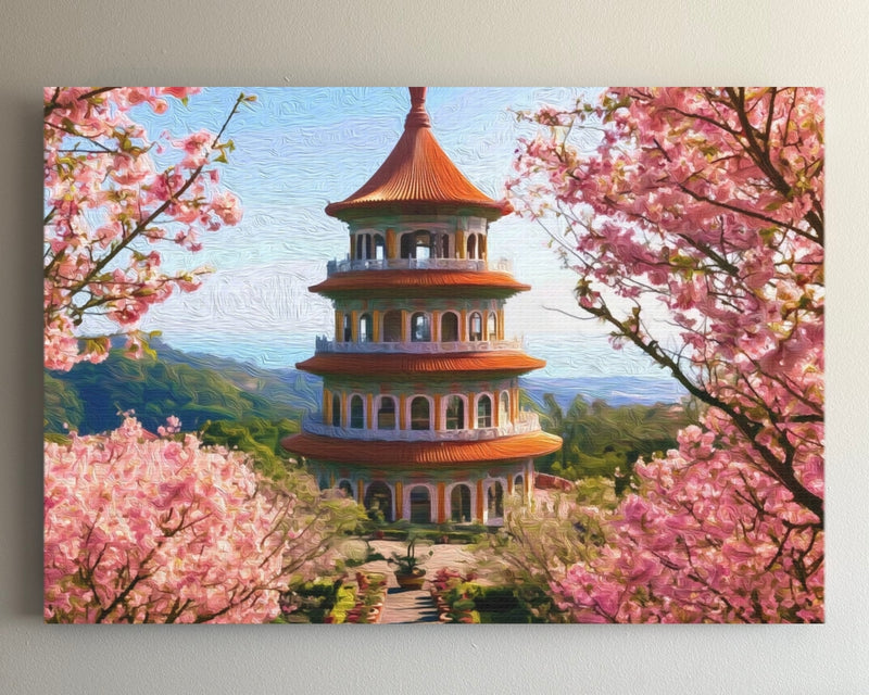Taipei, Taiwan | Tianyuan Temple Pagoda Cherry Blossoms | Original Series Gallery Canvas