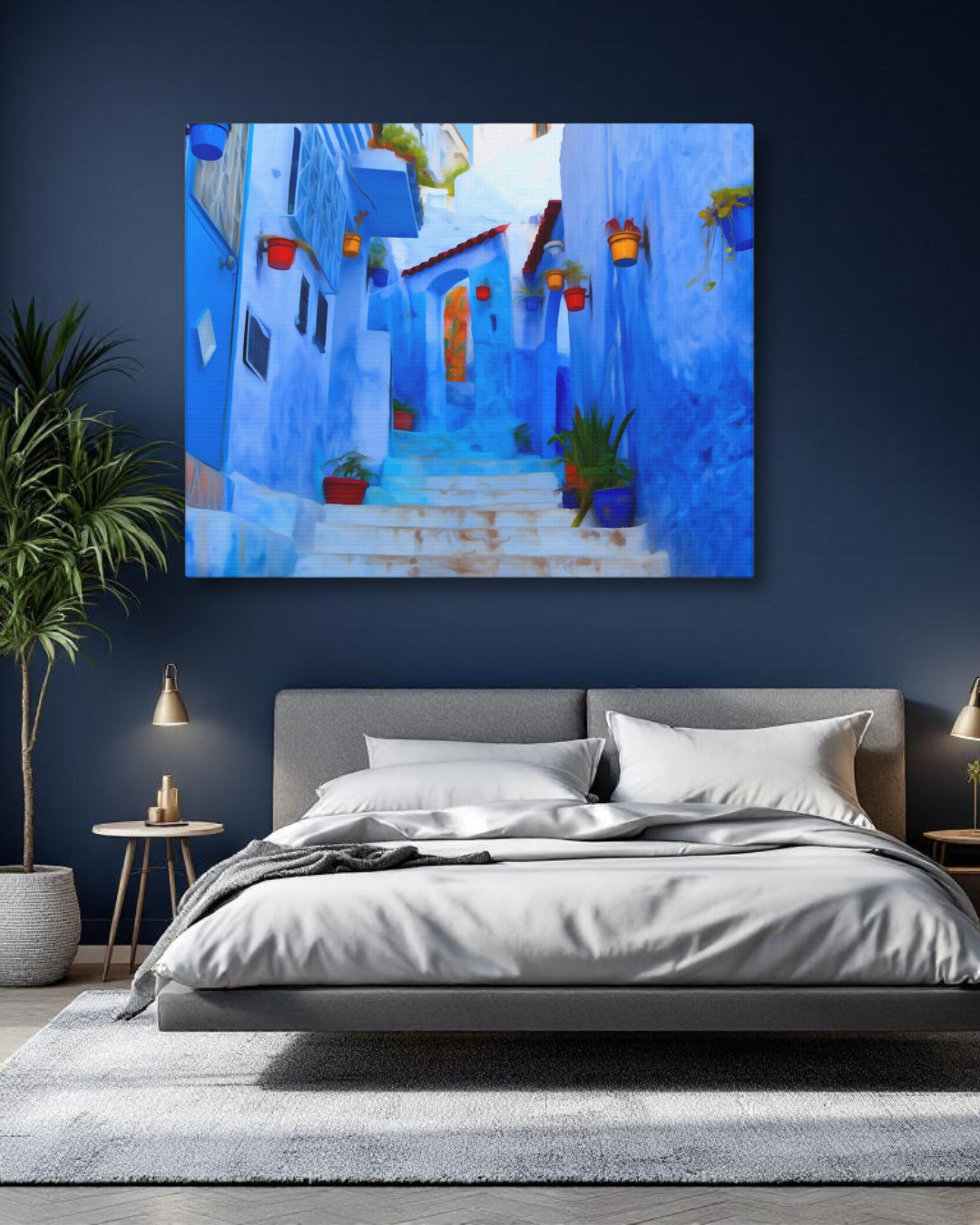 Chefchaouen Morocco watercolor canvas print hanging above a bed in a modern bedroom interior.