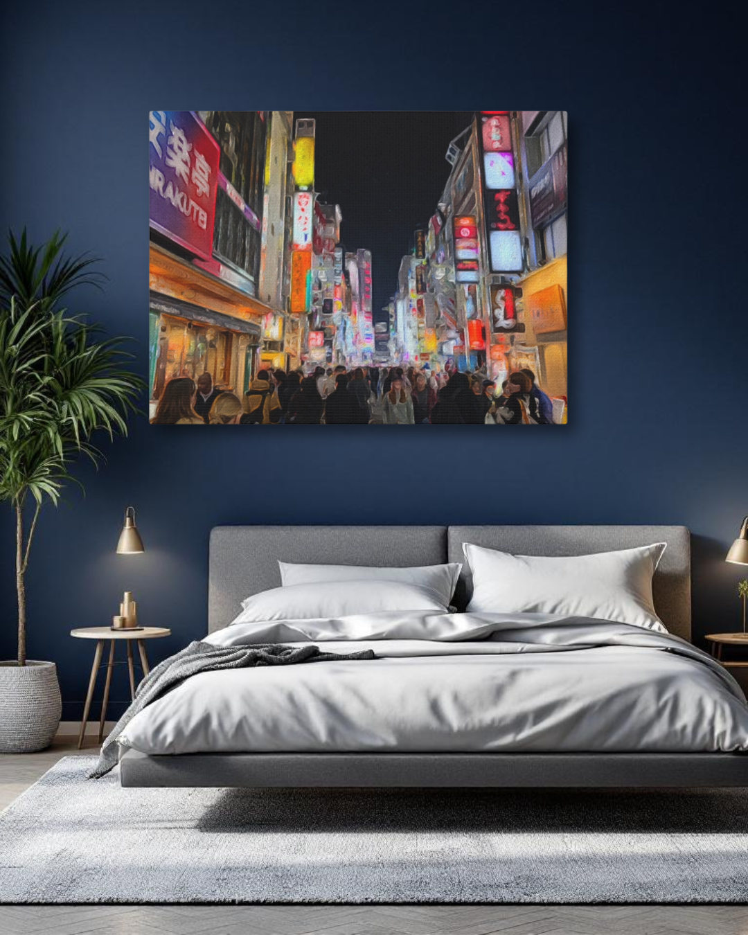 Original Series gallery canvas of a neon Shinjuku street at night, mounted in a moody navy bedroom. Captures vibrant violet and blue twilight pigments.