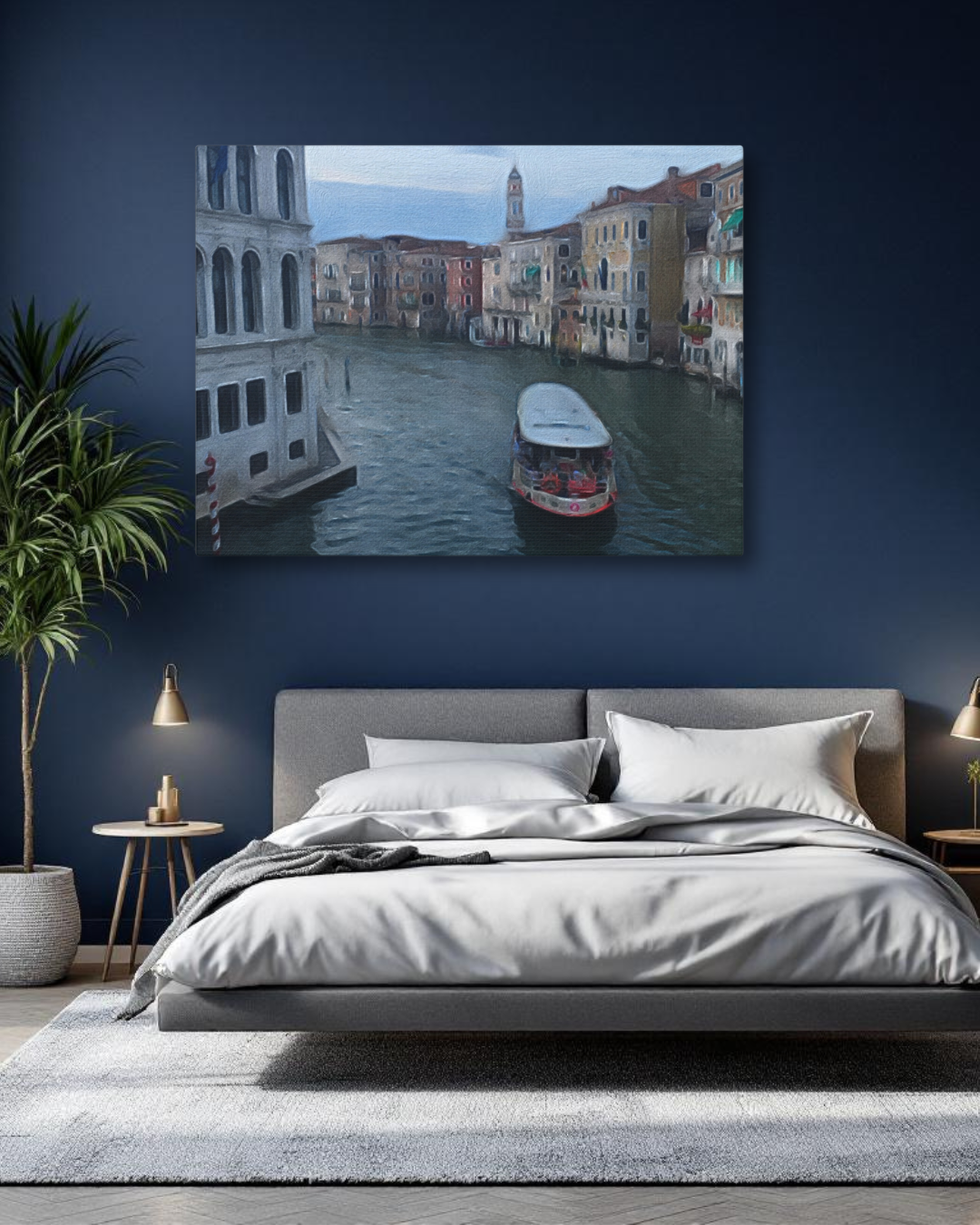 Watercolor painting of a serene Venice canal scene featuring historic buildings and a traditional vaporetto boat on the water, displayed as a large canvas over a modern bed.
