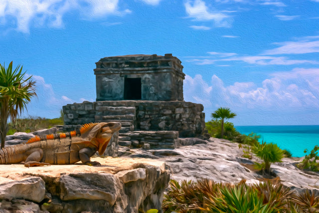 Temple of the Wind God, Tulum watercolor canvas