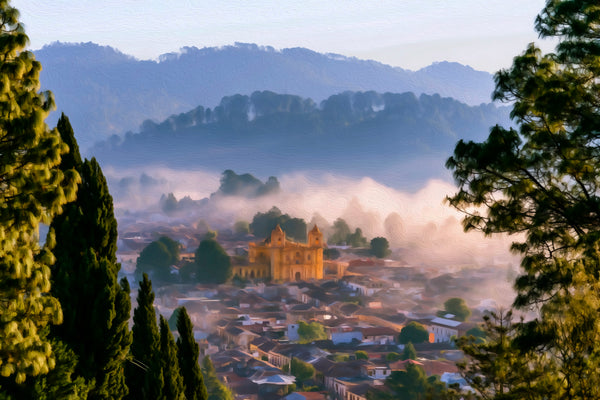 Cathedral in Morning Mist, San Cristobal de las Casas watercolor canvas