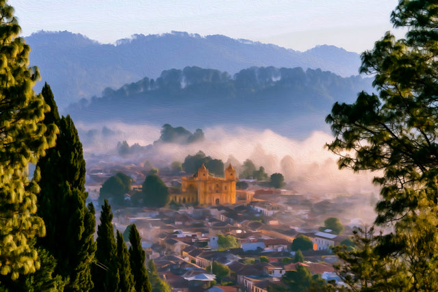 Cathedral in Morning Mist, San Cristobal de las Casas watercolor canvas