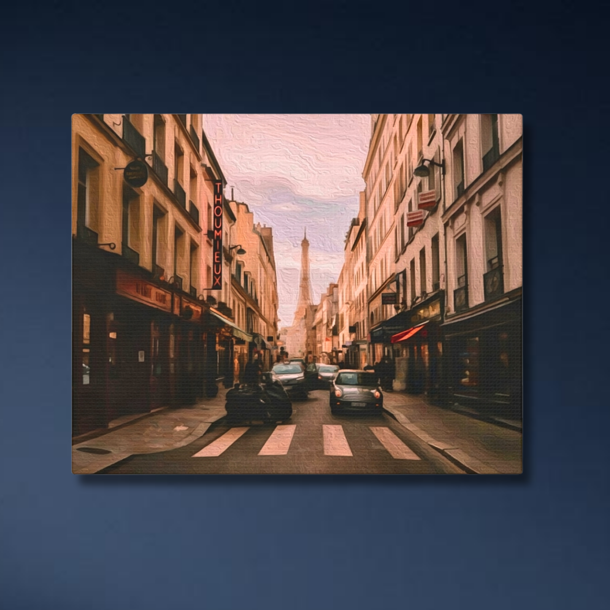 Lifestyle mockup of the Paris gallery canvas displayed in a modern living room setting, warm ambient light, showing the full street-to-tower composition of the watercolor print. Part of The Painted Passport Original Series.