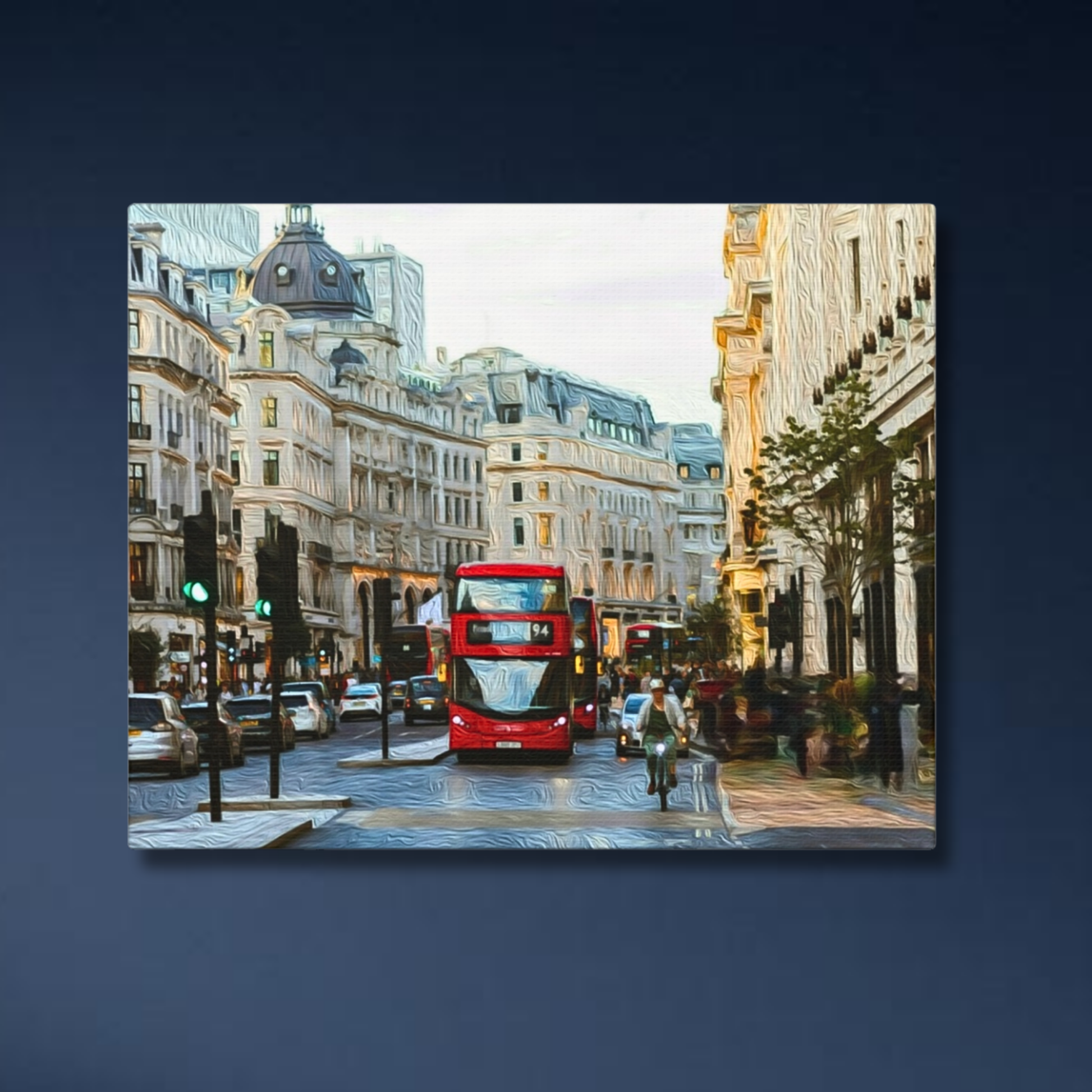 Lifestyle mockup of the London gallery canvas in a modern living room, warm ambient light, showing the Regent Street composition. Part of The Painted Passport Original Series.
