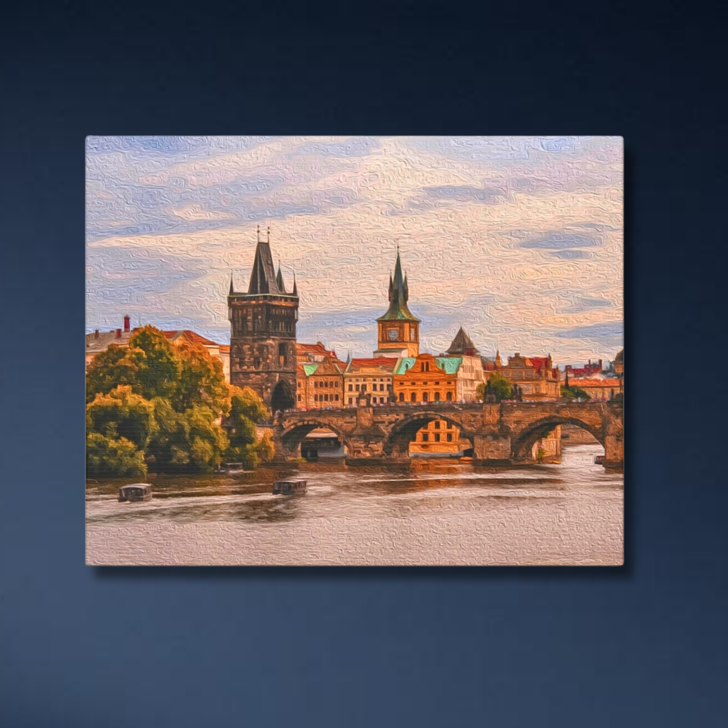 Lifestyle mockup of the Prague gallery canvas displayed in a modern living room, showing the Charles Bridge and Old Town skyline composition. Part of The Painted Passport Original Series.