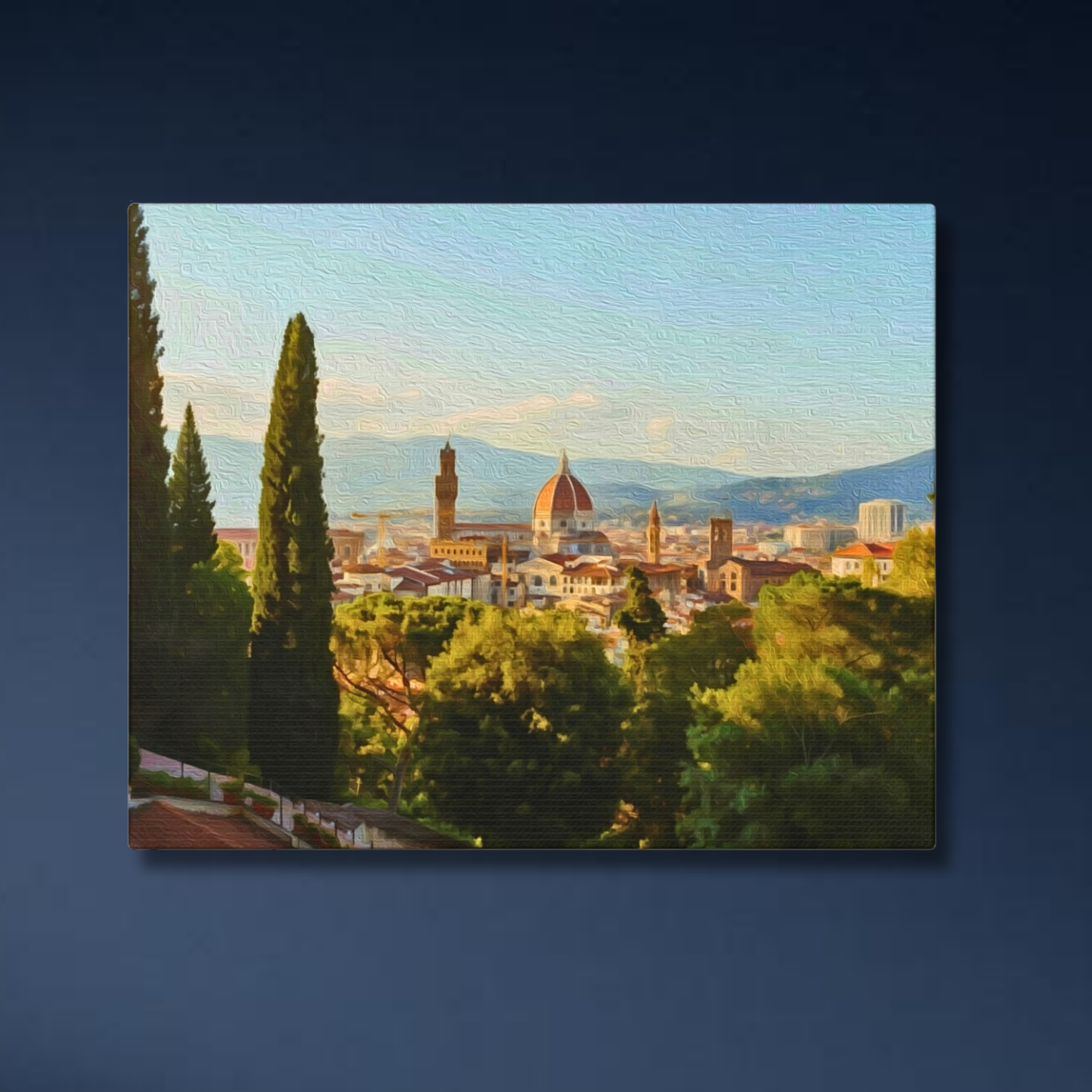 Lifestyle mockup of the Florence gallery canvas in a modern living room, showing the Piazzale Michelangelo panorama with Brunelleschi's dome and Tuscan hills. Part of The Painted Passport Original Series.