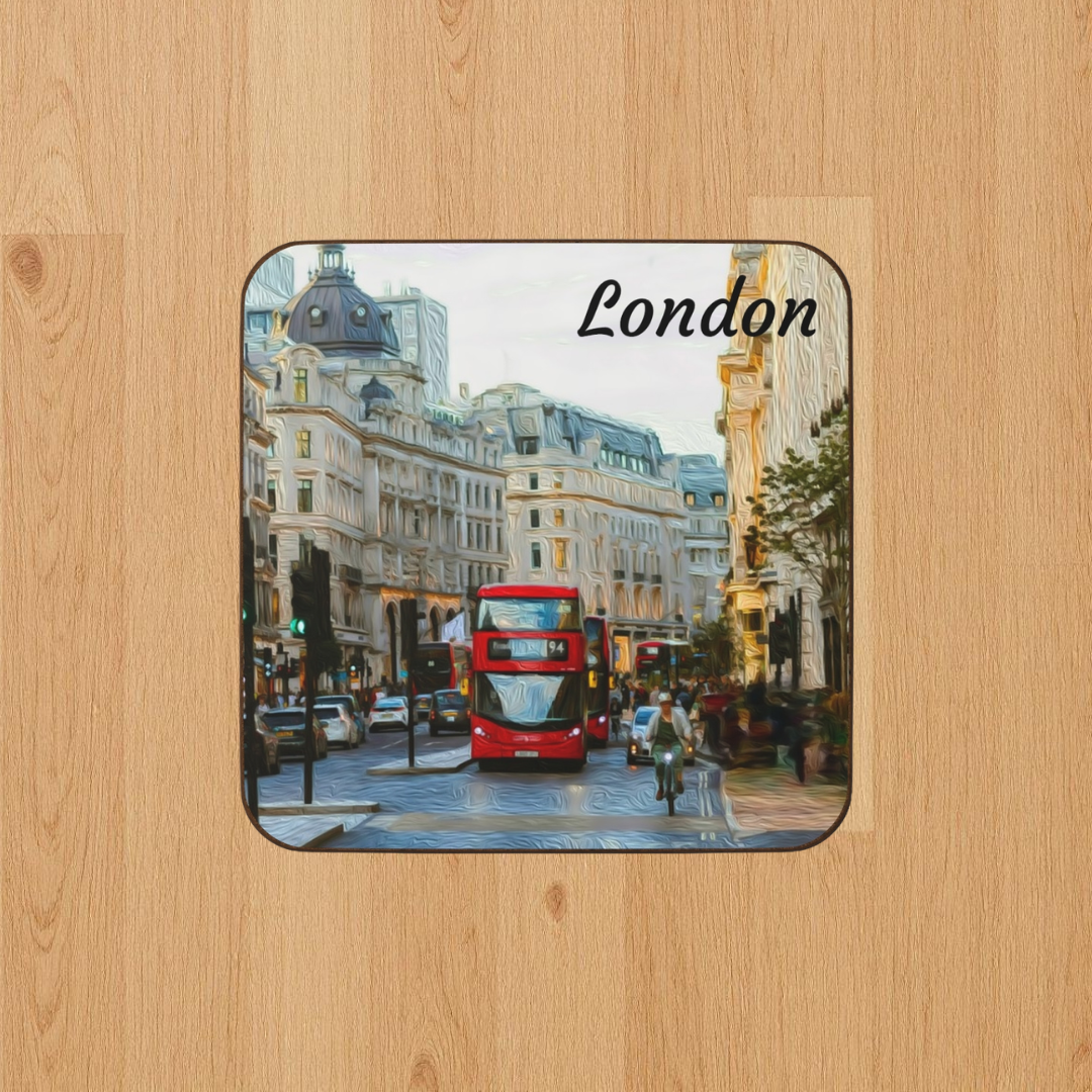 Square hardboard coaster featuring a watercolor of Regent Street, London — iconic red bus and Portland stone buildings in soft evening light. The Painted Passport Original Series.