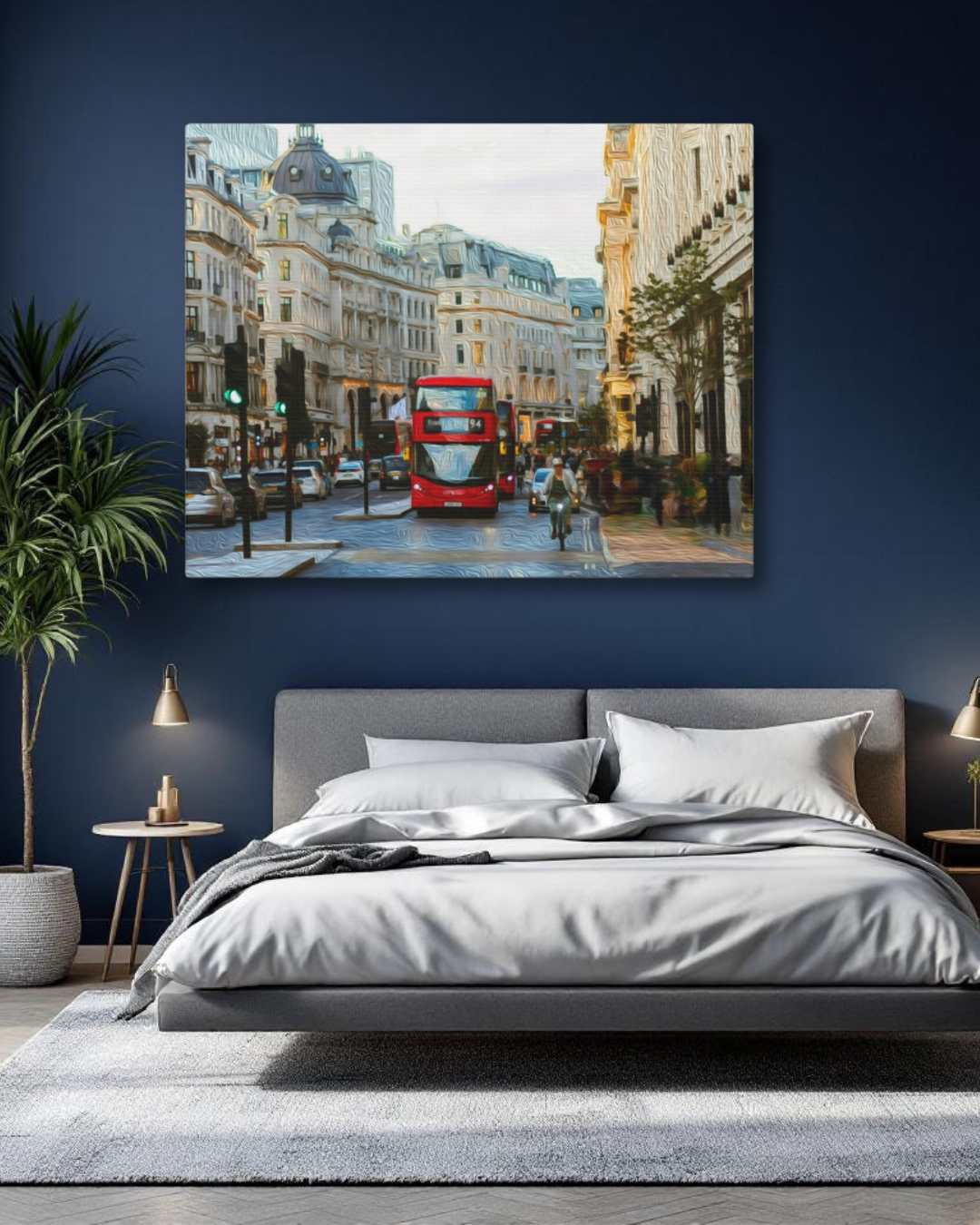 Gallery canvas of a London watercolor — Regent Street at dusk, red double-decker bus No. 94 moving through Portland stone facades. Part of The Painted Passport Original Series.