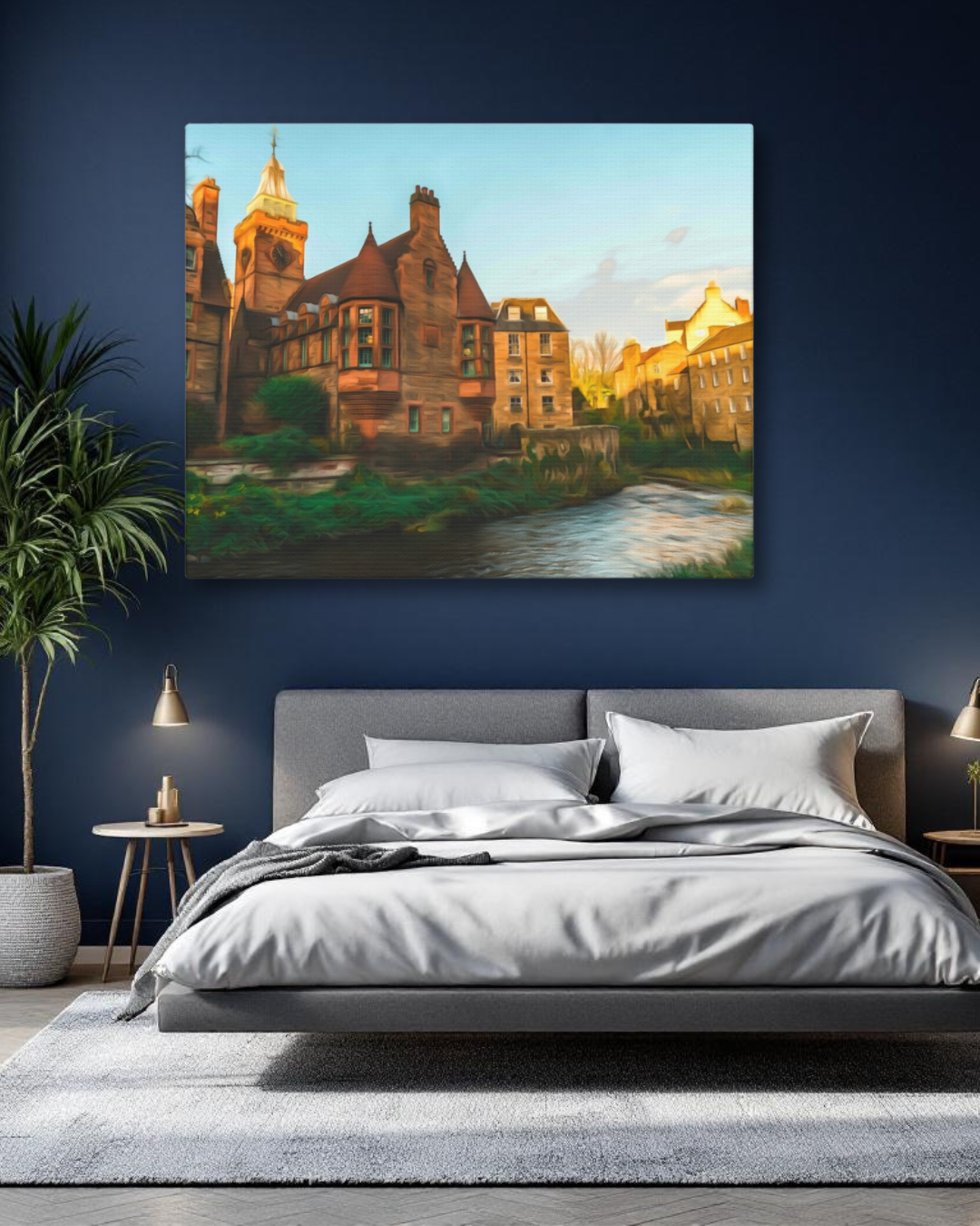Gallery canvas of an Edinburgh watercolor — Dean Village on the Water of Leith, warm sandstone buildings with clock tower and conical turret in golden afternoon light. Part of The Painted Passport Original Series.