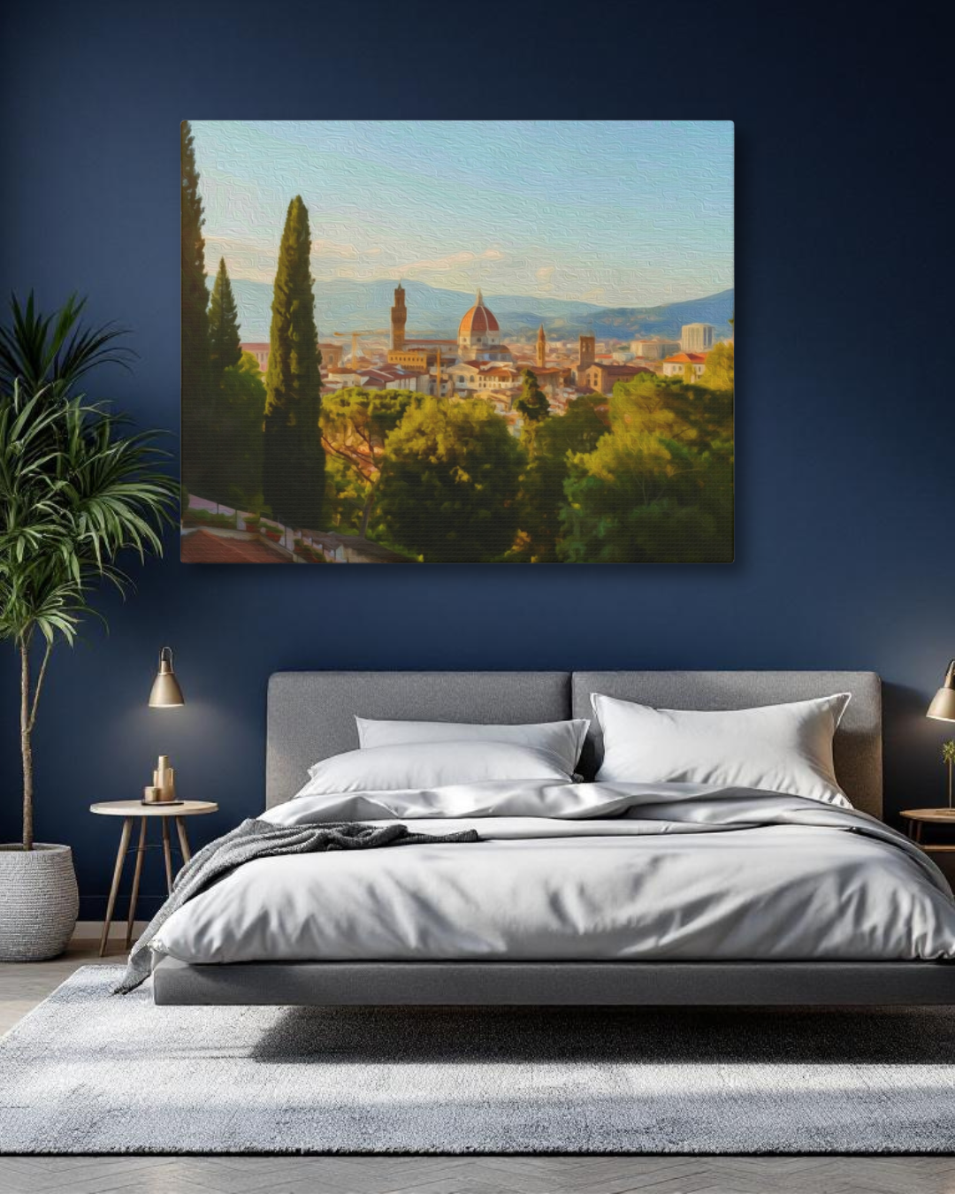 Gallery canvas of a Florence watercolor — view from Piazzale Michelangelo with cypress trees framing Brunelleschi's dome and the Palazzo Vecchio tower above the terracotta rooftops. Part of The Painted Passport Original Series.