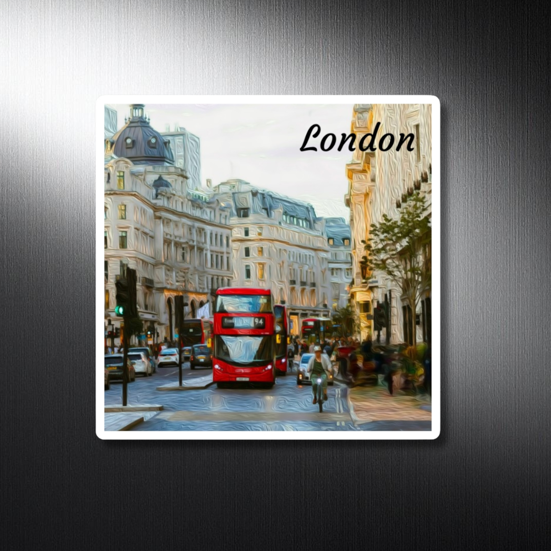 Square decorative travel magnet featuring a watercolor of Regent Street, London — red double-decker bus No. 94 framed by Portland stone facades. The Painted Passport Original Series.