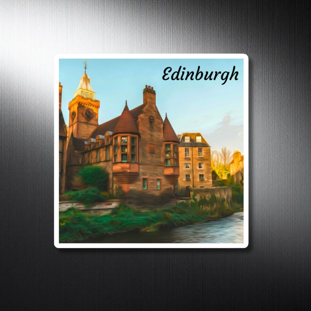 Square decorative travel magnet featuring a watercolor of Dean Village, Edinburgh — warm sandstone mill buildings with clock tower and conical turret above the Water of Leith. The Painted Passport Original Series.
