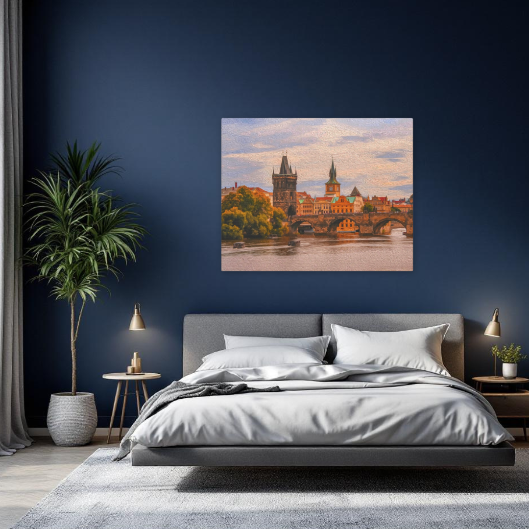 Side view of the Prague gallery canvas mounted on a white wall, showing the full Charles Bridge composition with the Gothic tower and Baroque skyline. Part of The Painted Passport Original Series.
