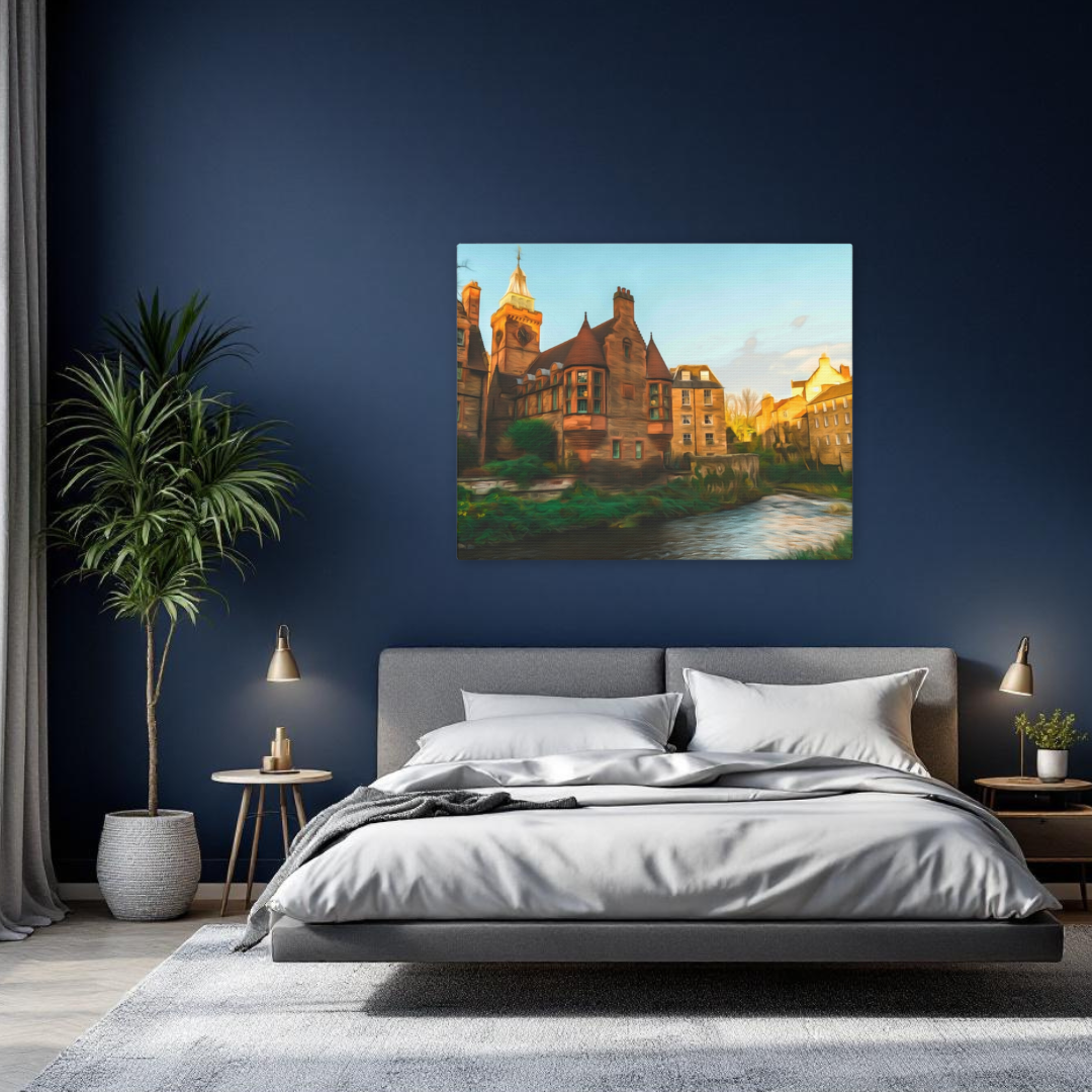 Side view of the Edinburgh gallery canvas mounted on a white wall, showing the full Dean Village composition with the Water of Leith in the foreground. Part of The Painted Passport Original Series.