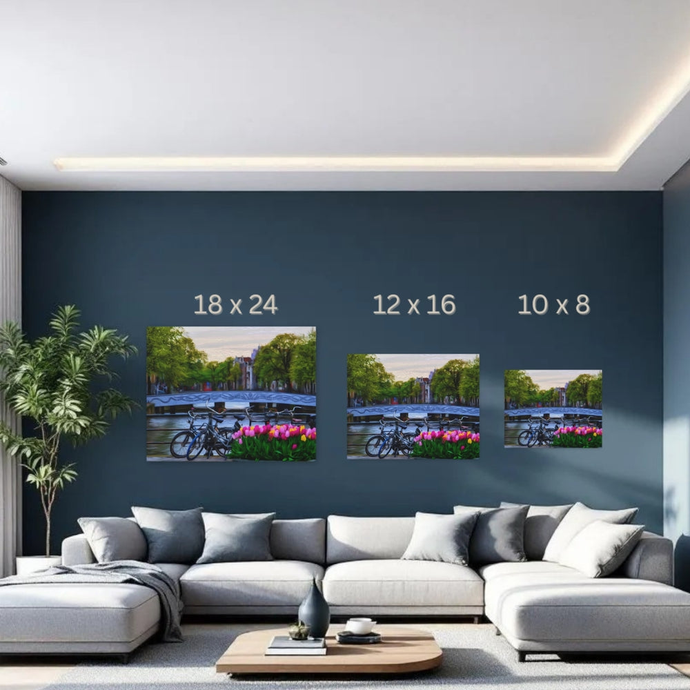 Amsterdam, Netherlands | Canal Bridge with Tulips | Original Series Gallery Canvas detail