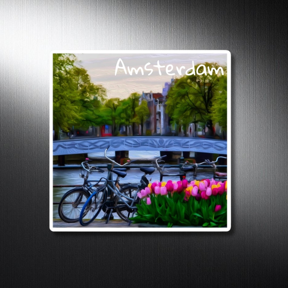 Amsterdam, Netherlands | Canal Bridge with Tulips | Original Series Decorative Magnet
