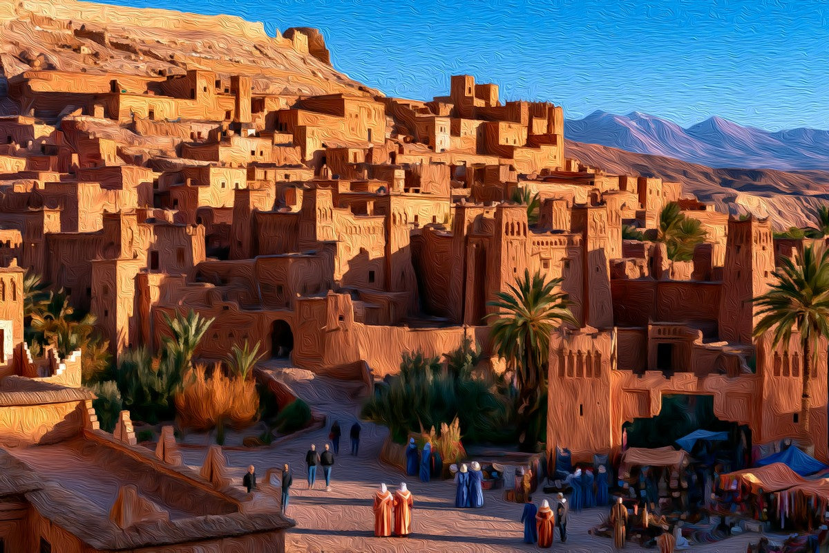 Ancient Kasbah Desert Village gallery canvas, unframed and in an espresso floating frame — Aït Benhaddou Village, Morocco