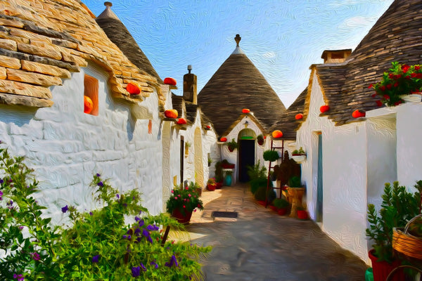 Trulli Village Cobblestone Lane, Alberobello watercolor canvas