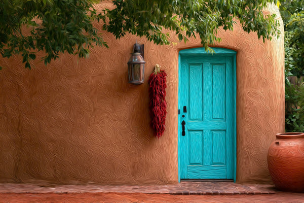 Adobe Doorway Red Chiles, Albuquerque Old Town watercolor canvas