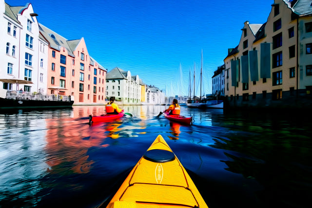 Ålesund Harbour Canal Kayaking, Alesund watercolor canvas