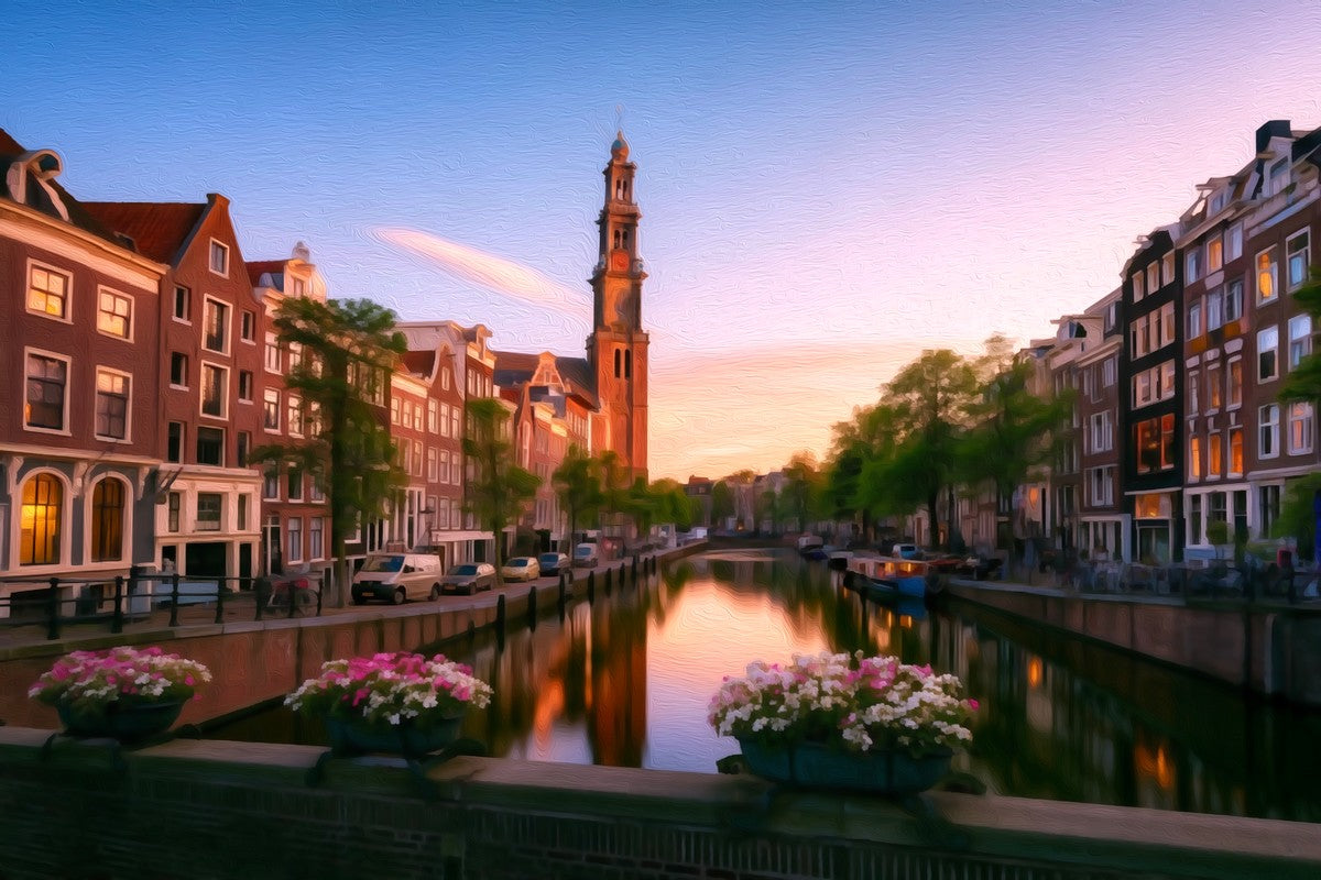 Prinsengracht Canal Westerkerk Tower gallery canvas, unframed and in an espresso floating frame — Amsterdam, Netherlands