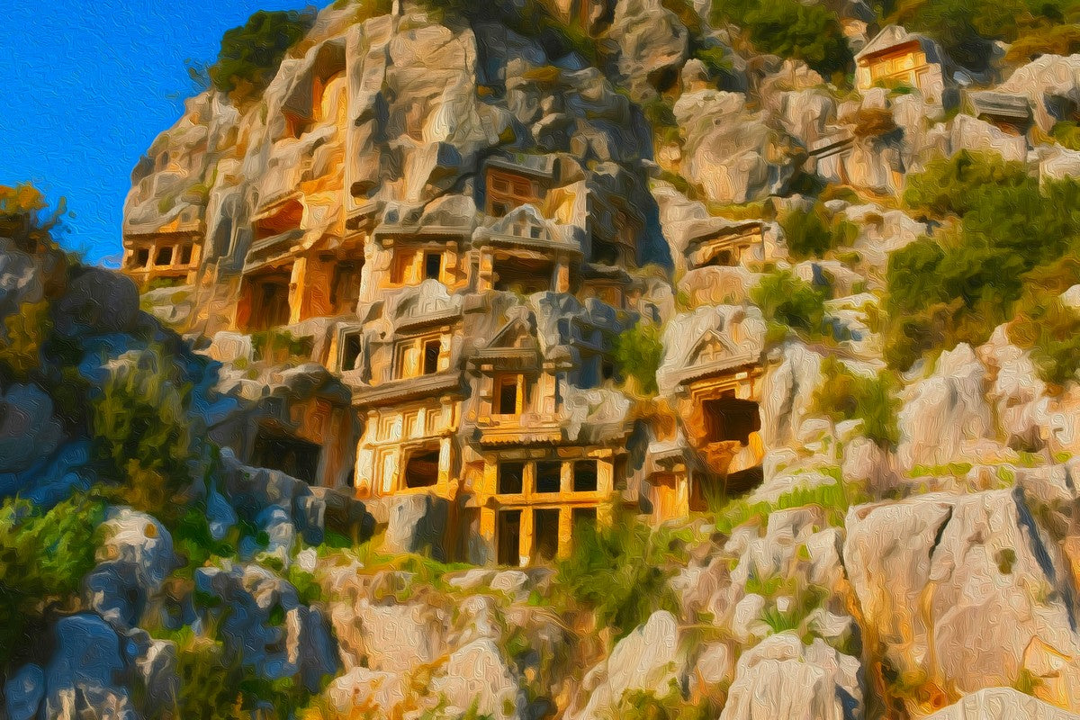 Ancient Lycian Rock Tombs gallery canvas, unframed and in an espresso floating frame — Antalya, Turkey