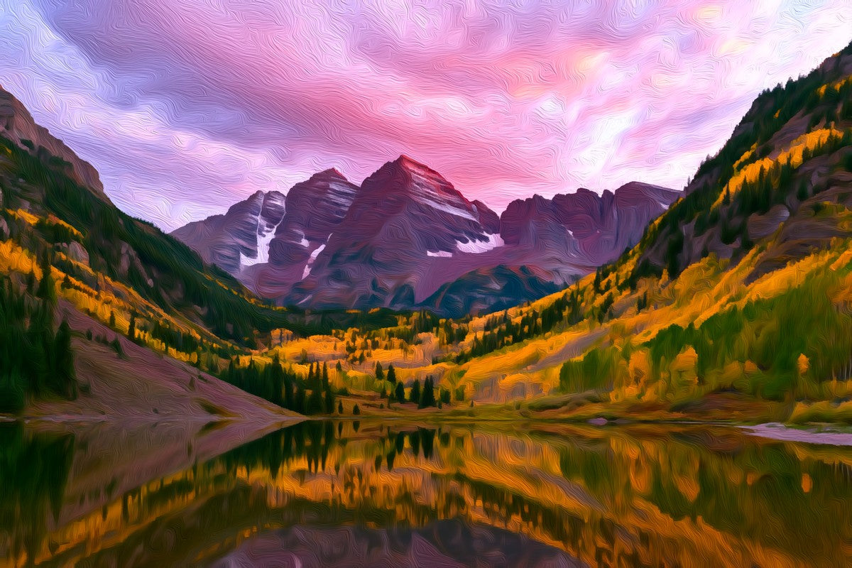 Maroon Bells Lake Reflection gallery canvas, unframed and in an espresso floating frame — Aspen, Colorado