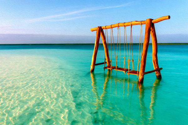 Bacalar Lagoon Water Swings, Bacalar watercolor canvas