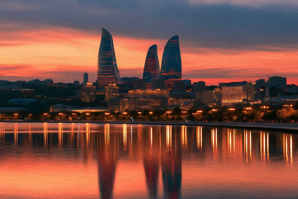 Baku Bayfront Flame Towers View, Baku watercolor canvas