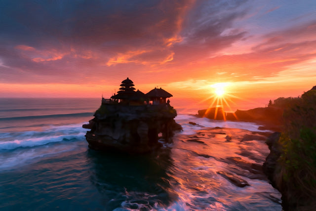 Tanah Lot Temple Sunset, Bali watercolor canvas
