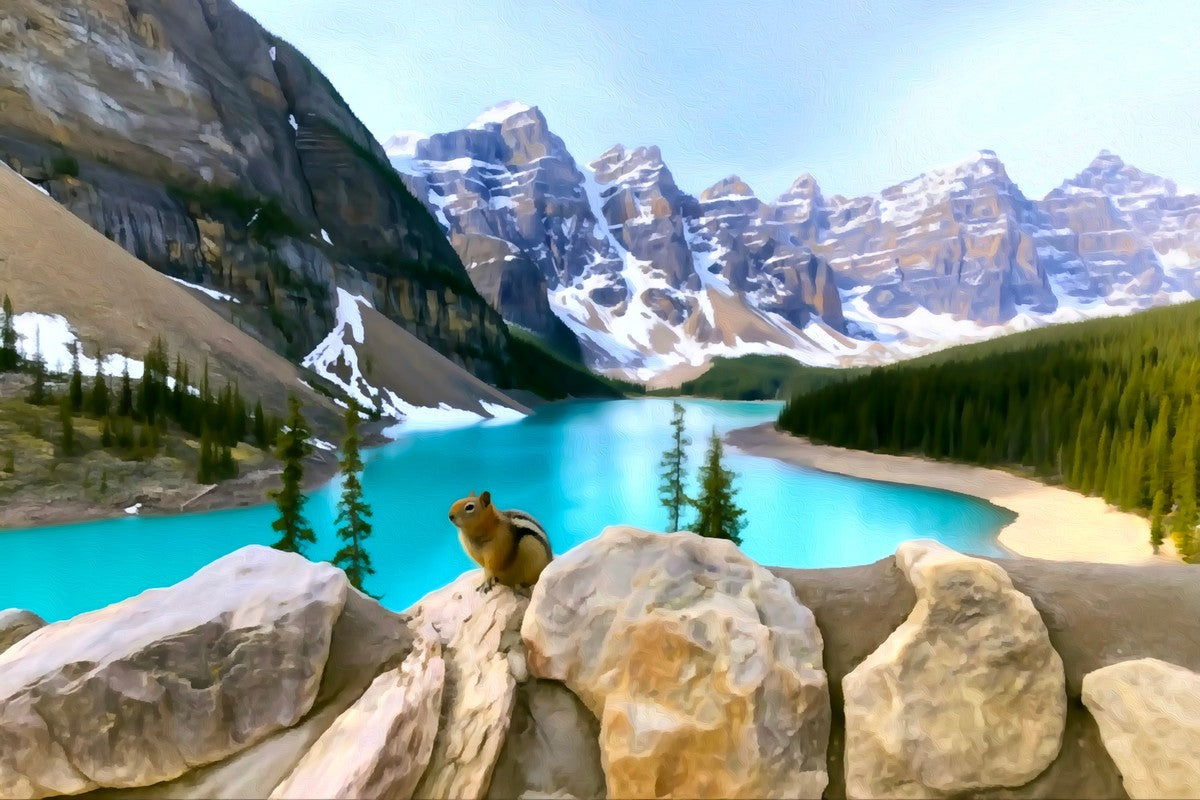 The finished watercolor-style canvas of Moraine Lake, made from that photo