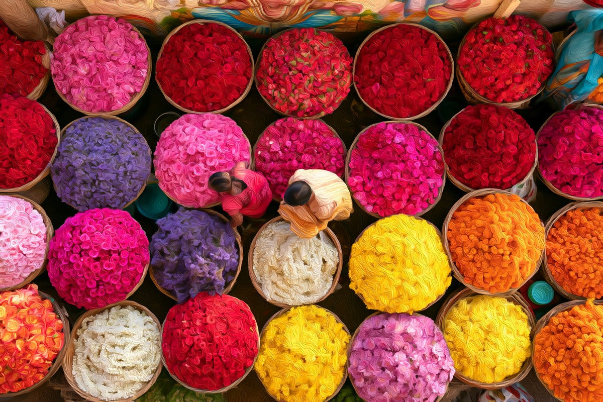 Bangalore Flower Market gallery canvas, unframed and in an espresso floating frame — Bangalore, India