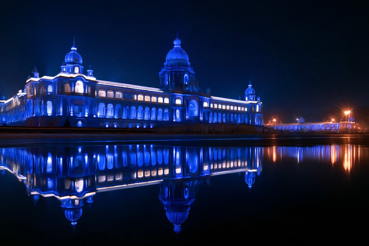 Vidhana Soudha Blue Night gallery canvas, unframed and in an espresso floating frame — Bangalore, India
