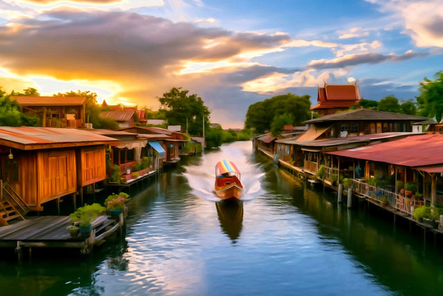 Bangkok Floating Market Canal, Bangkok watercolor canvas