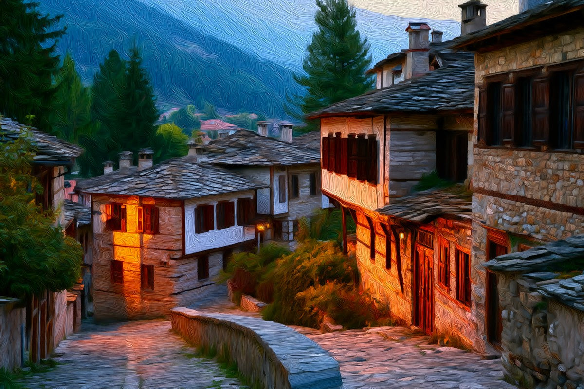 Old Town Stone Streets gallery canvas, unframed and in an espresso floating frame — Bansko, Bulgaria