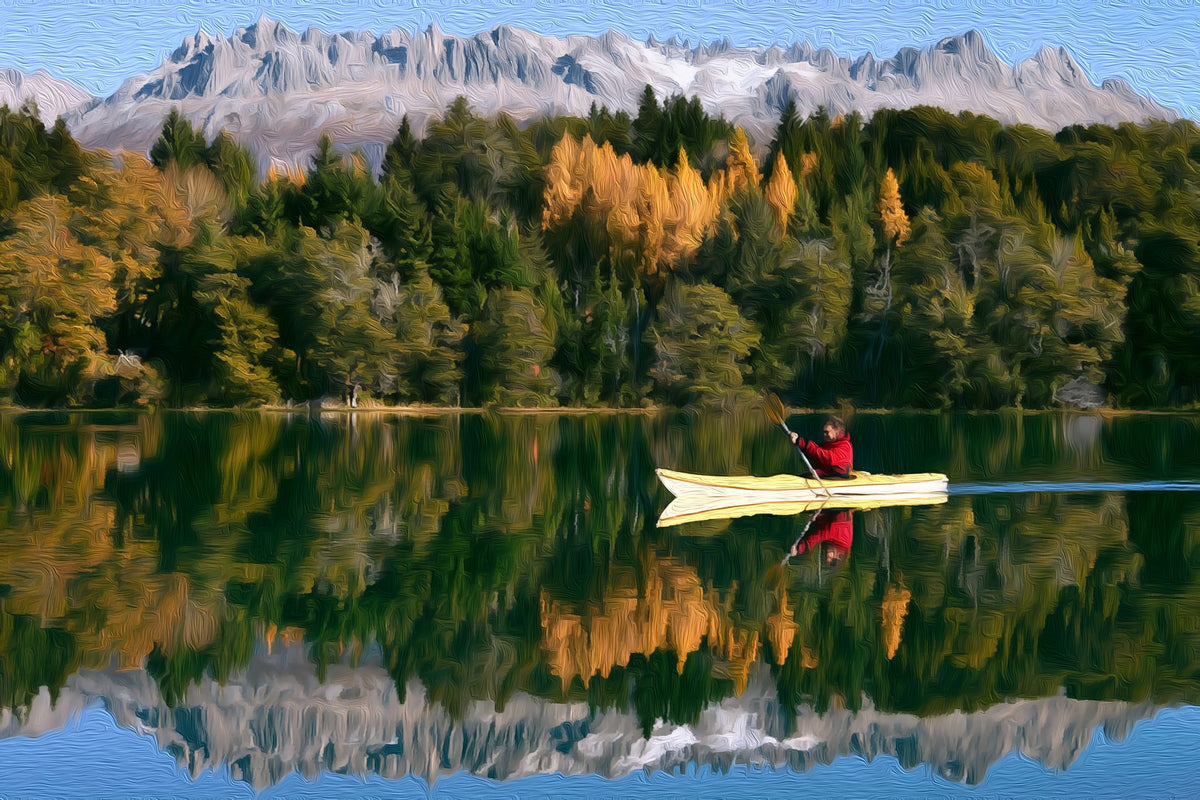 Lake Nahuel Huapi Kayaker gallery canvas, unframed and in an espresso floating frame — Bariloche, Argentina