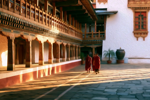 Paro Rinpung Dzong Courtyard, Bhutan Paro Valley watercolor canvas