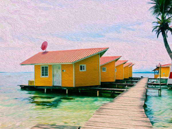 Yellow Overwater Bungalows Boardwalk, Bocas del Toro watercolor canvas