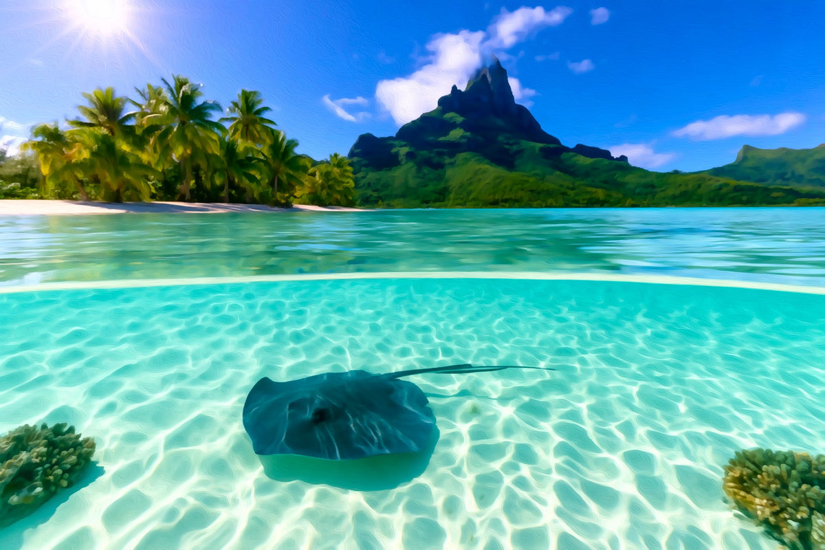 Bora Bora Lagoon Stingray gallery canvas, unframed and in an espresso floating frame — Bora Bora, French Polynesia