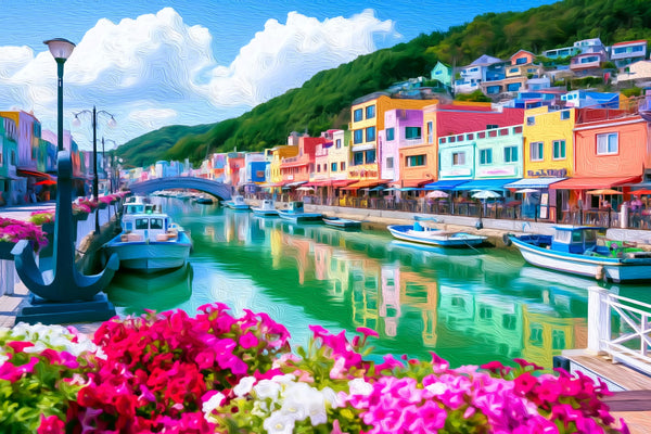 Colorful Canal Waterfront, Busan watercolor canvas