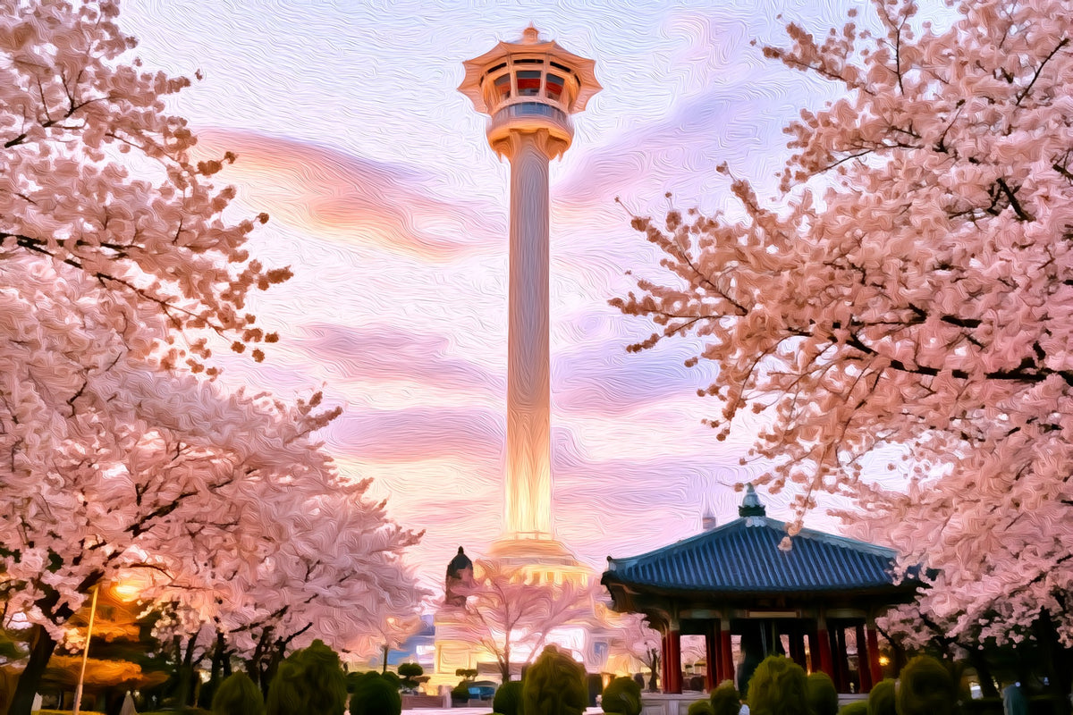 Busan Tower Cherry Blossoms gallery canvas, unframed and in an espresso floating frame — Busan, South Korea
