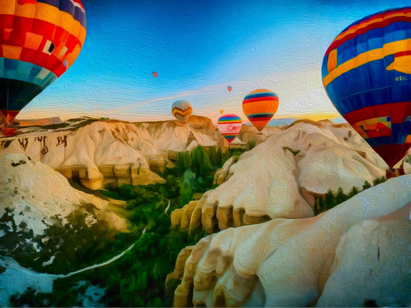 Hot Air Balloons Over Valleys, Cappadocia watercolor canvas