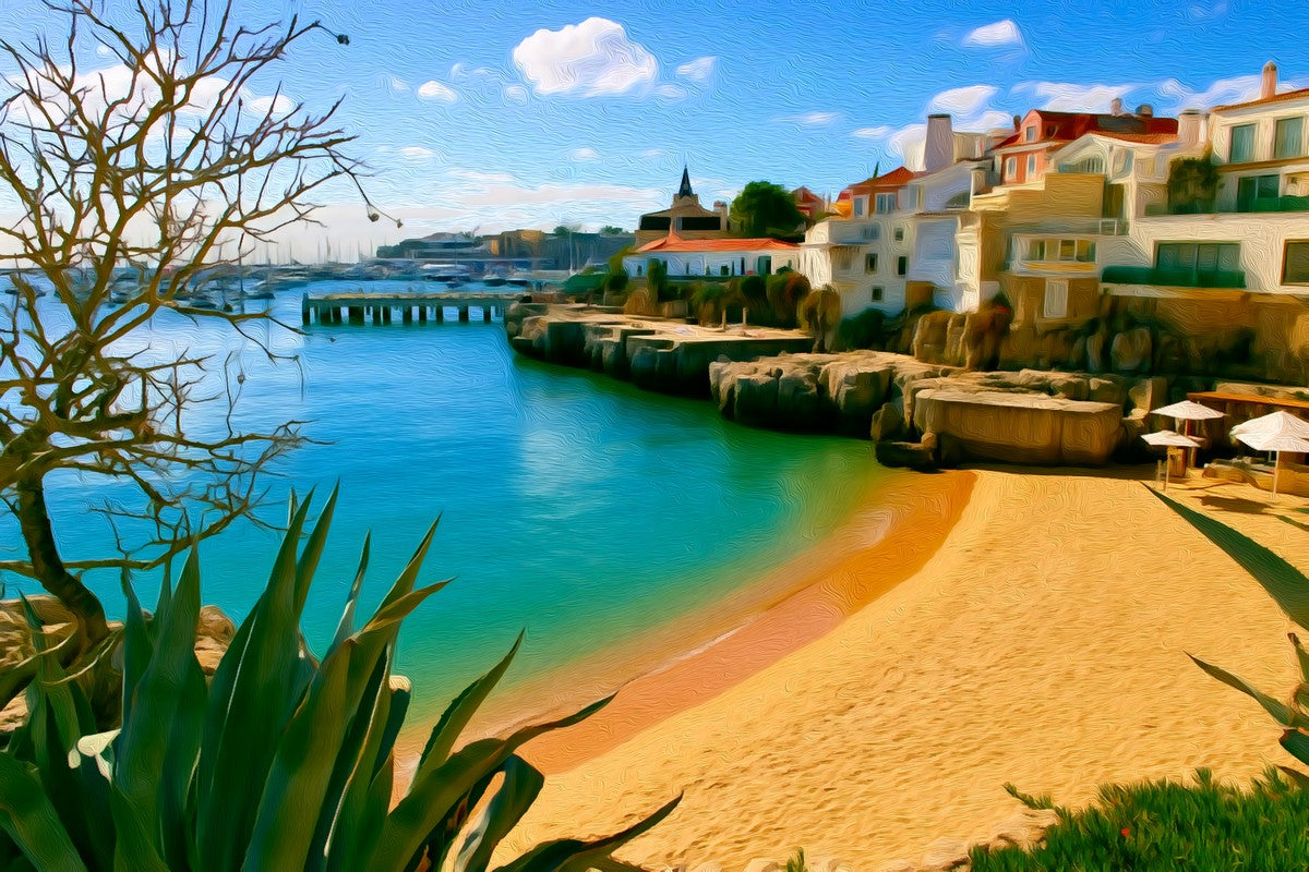 Cascais Harbour Beach Cove gallery canvas, unframed and in an espresso floating frame — Cascais, Portugal
