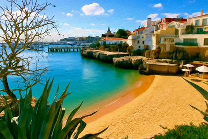 Cascais Harbour Beach Cove, Cascais watercolor canvas