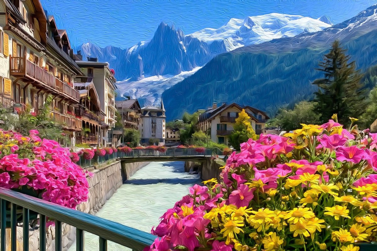 Chamonix Arve River Promenade gallery canvas, unframed and in an espresso floating frame — Chamonix, France