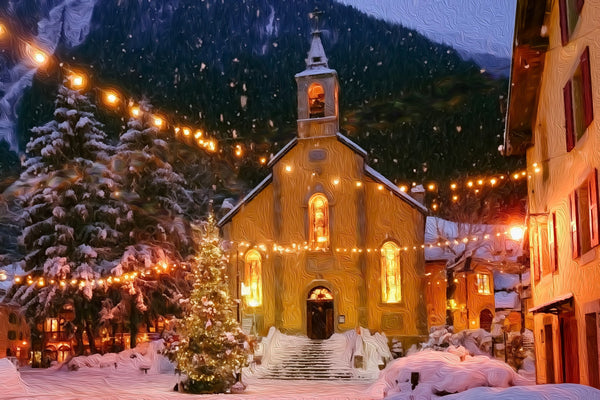 Chamonix Village Chapel Christmas, Chamonix watercolor canvas