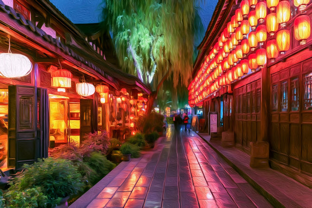 Jinli Ancient Street Lanterns, China watercolor canvas